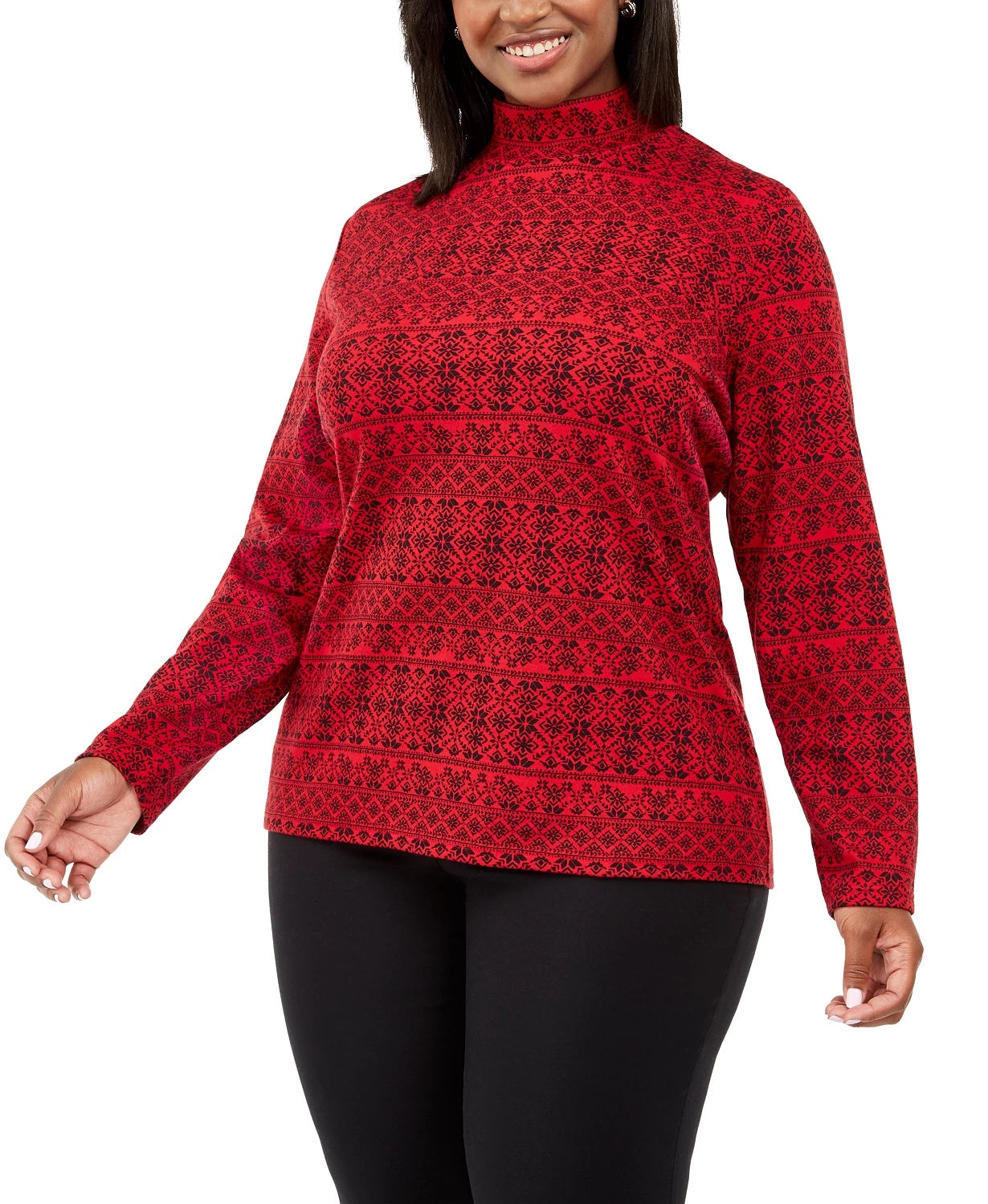 Karen Scott Women's Plus Size Fair Isle Printed Mock-Neck Top Bright Red Size 2X