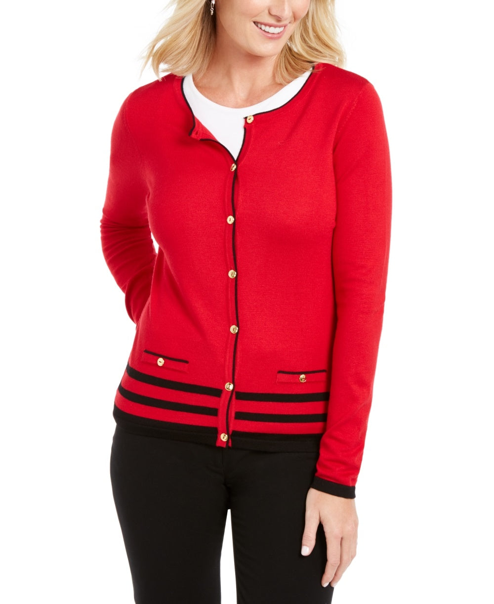 Karen Scott Women's Alexa Stripe Cardigan Red Size Petite Small-Medium