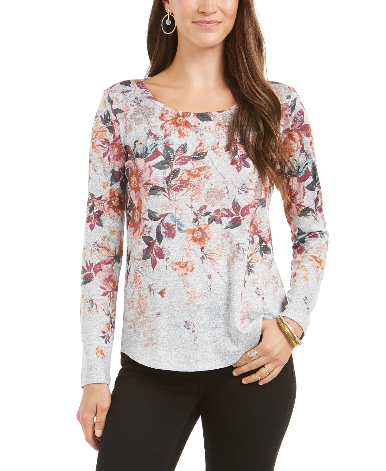 Style & Co Women's Floral-Print Top Purple Size Medium