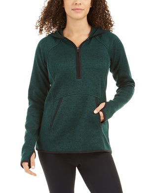 Ideology Women's Marled 1/4 Zip Hooded Sweater Green Size Small