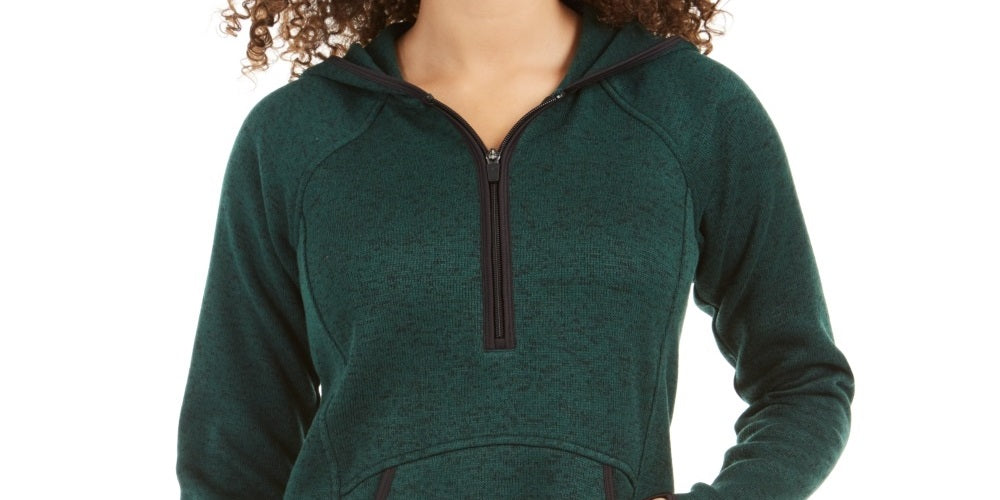 Ideology Women's Marled 1/4 Zip Hooded Sweater Green Size Small