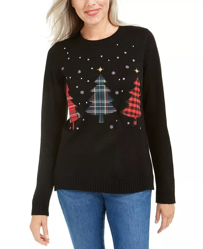 Karen Scott Women's Triple Christmas Tree Sweater Black Size Petite Small