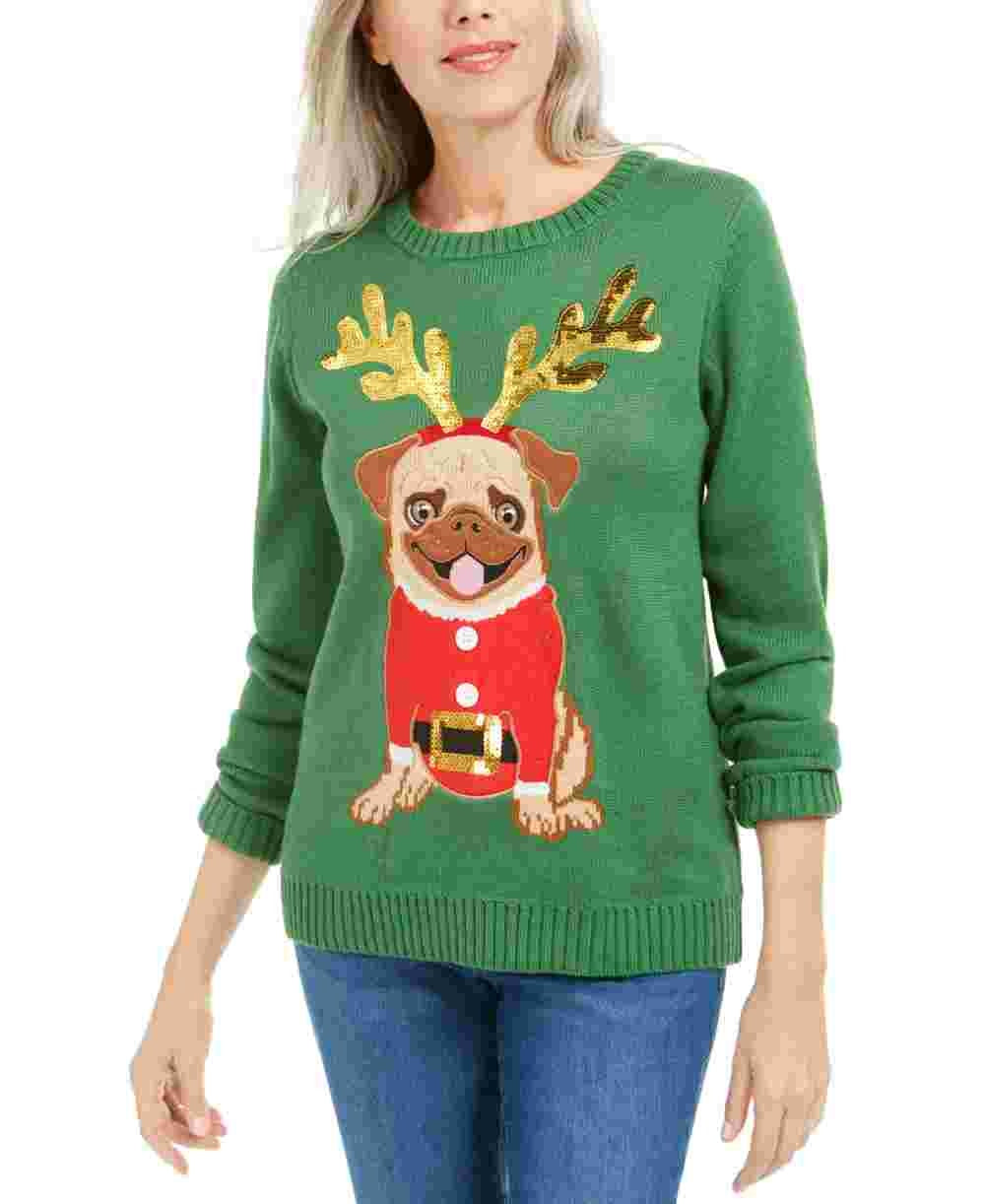 Karen Scott Women's Sequined Pug Holiday Sweater Green Size Medium