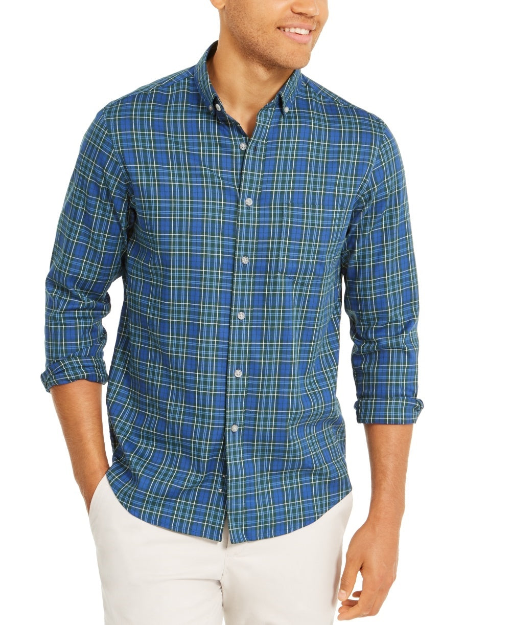 Club Room Men's Plaid Stretch Button Down Navy Size Small