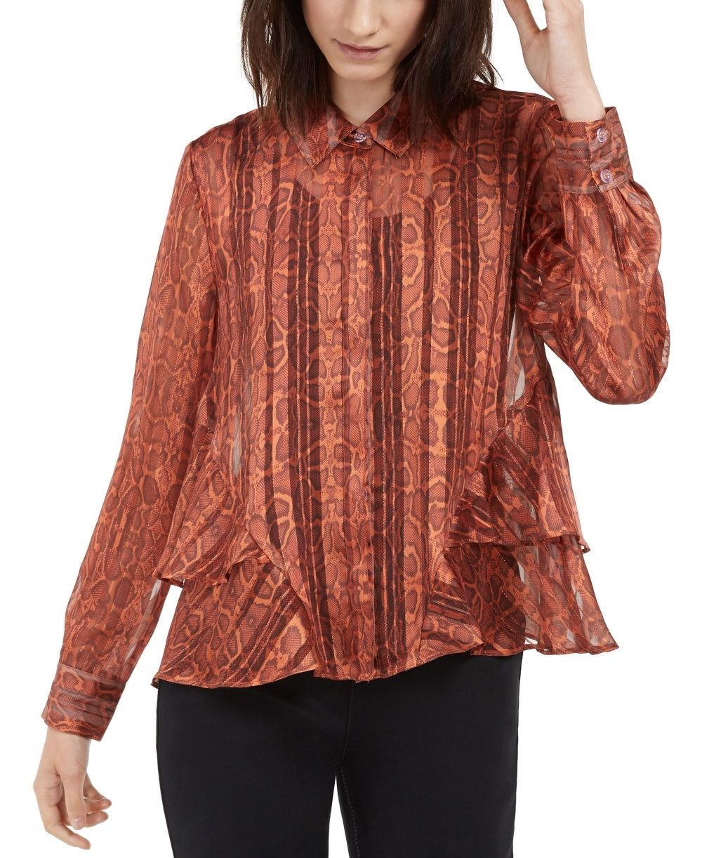 INC International Concepts Women's Ruffled Snake-Embossed Top Orange Size Small