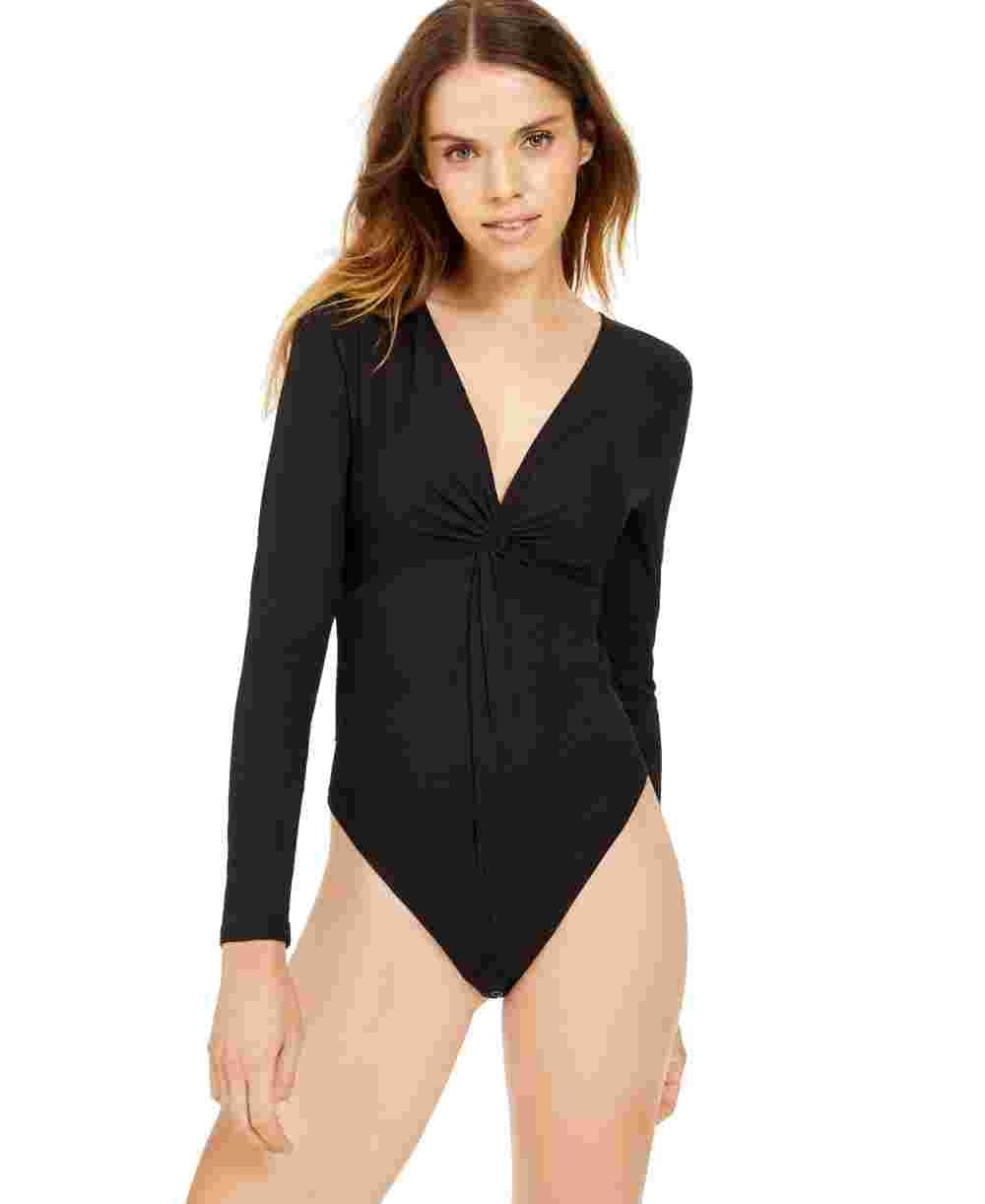 Bar III Women's Ribbed Twist Front Bodysuit Black Size Large