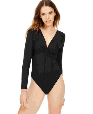 Bar III Women's Ribbed Twist Front Bodysuit Black Size Large