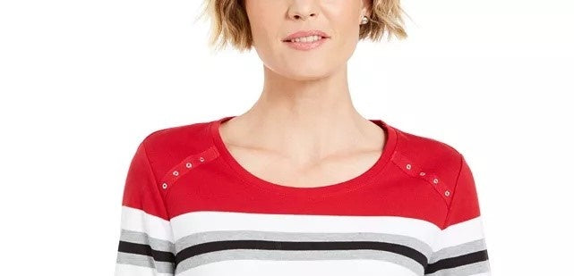 Karen Scott Women's Sport Striped 3/4 Sleeve Top   Red Size Small