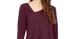Alfani Women's Asymmetrical Hem 3/4 Sleeve Top  Wine Size Large