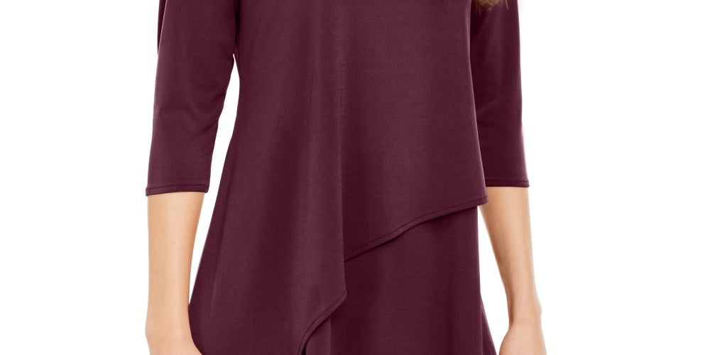 Alfani Women's Asymmetrical Hem 3/4 Sleeve Top  Wine Size Large