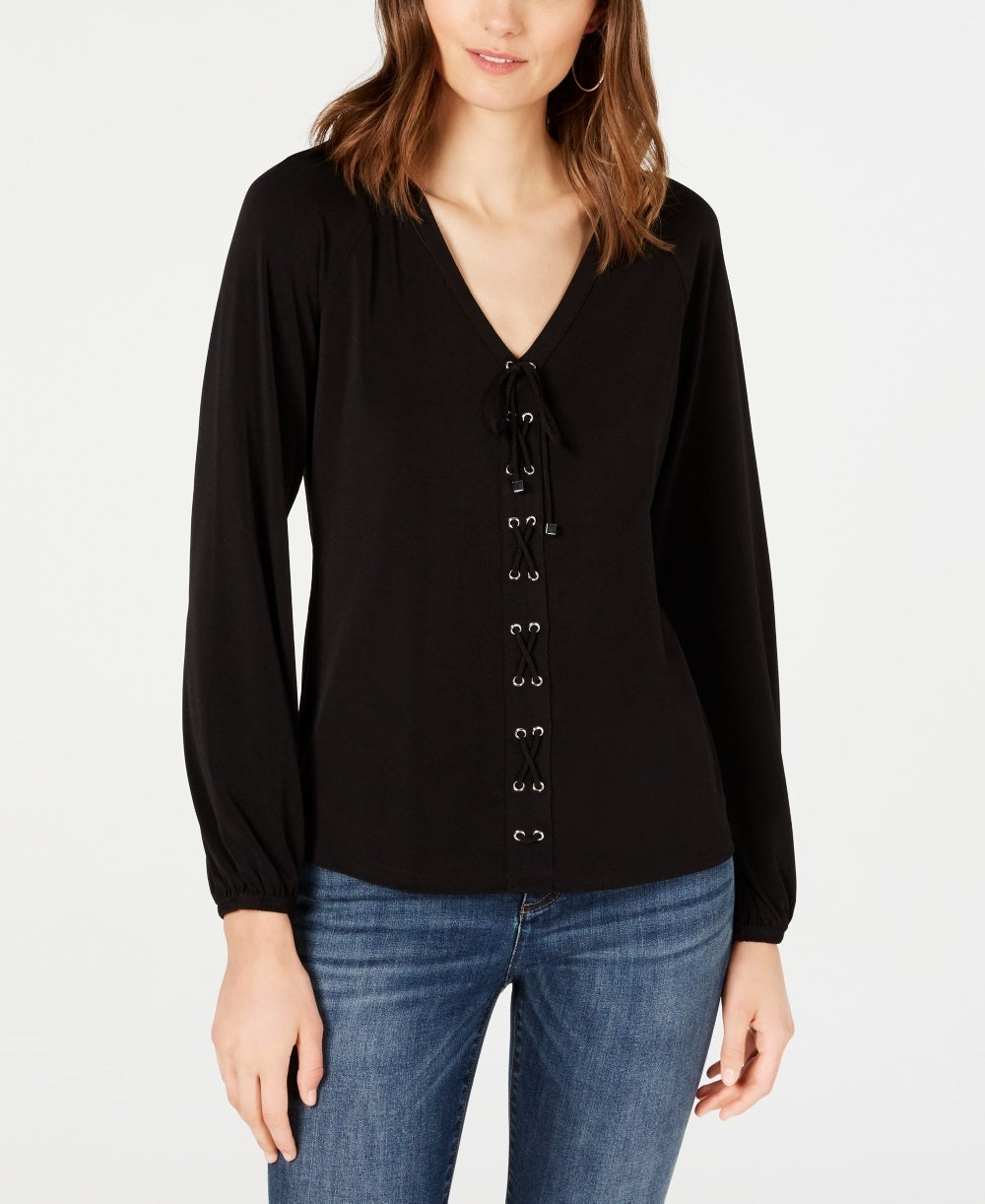 INC International Concepts Women's Lace Up Top Black Size X-Small
