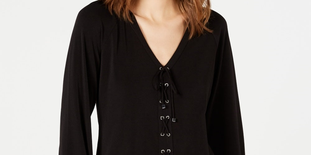 INC International Concepts Women's Lace Up Top Black Size X-Small