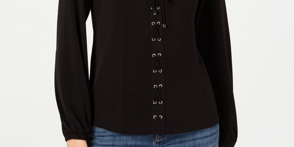 INC International Concepts Women's Lace Up Top Black Size X-Small