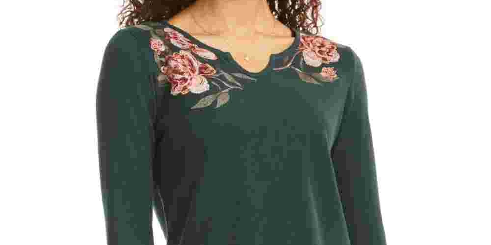 Style & Co Women's Petite Embroidered Cotton Thermal Top  Green PP