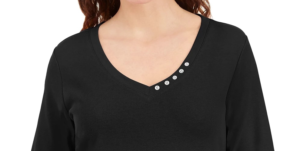 Karen Scott Women's Button Detail V Neck Top Blue Size X-Large