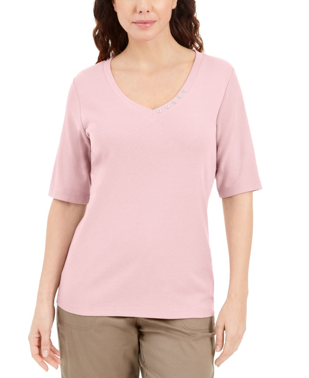 Karen Scott Women's Button-Detail V-Neck Top Pink Size Large