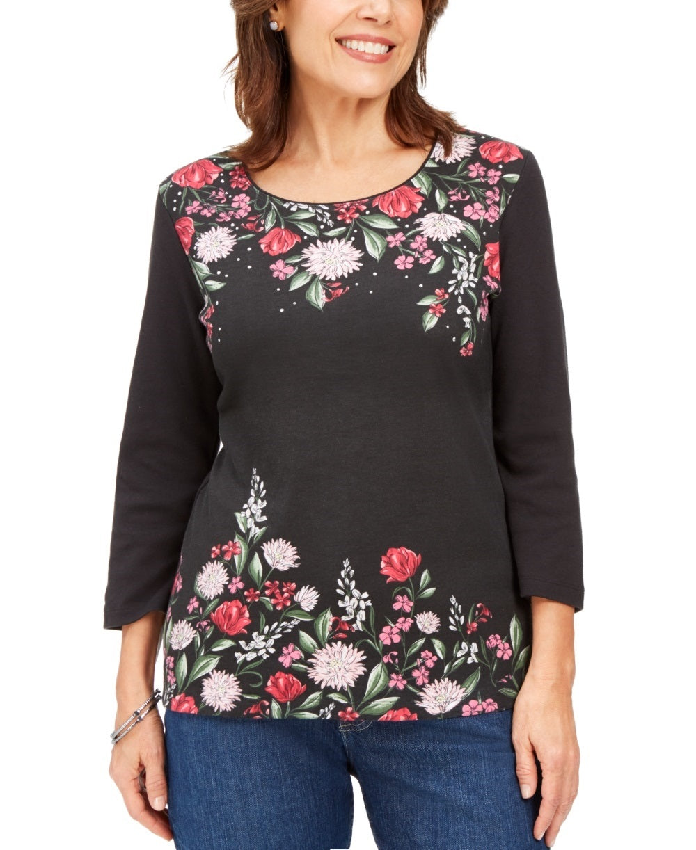 Karen Scott Women's Roxanne Floral Rhinestone Top Black Size Small