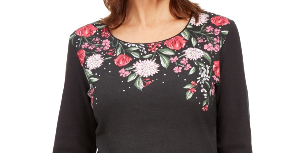 Karen Scott Women's Roxanne Floral Rhinestone Top Black Size Small
