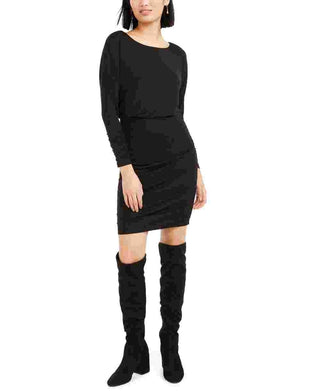 Bar III Women's Long Sleeve Jewel Neck Short Sheath Party Dress Black Size Large