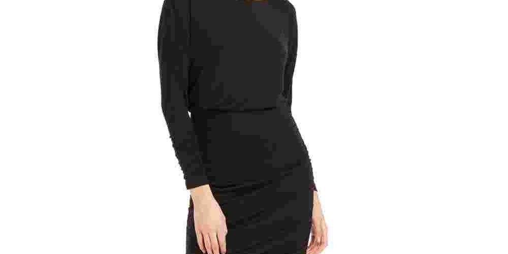 Bar III Women's Long Sleeve Jewel Neck Short Sheath Party Dress Black Size Large