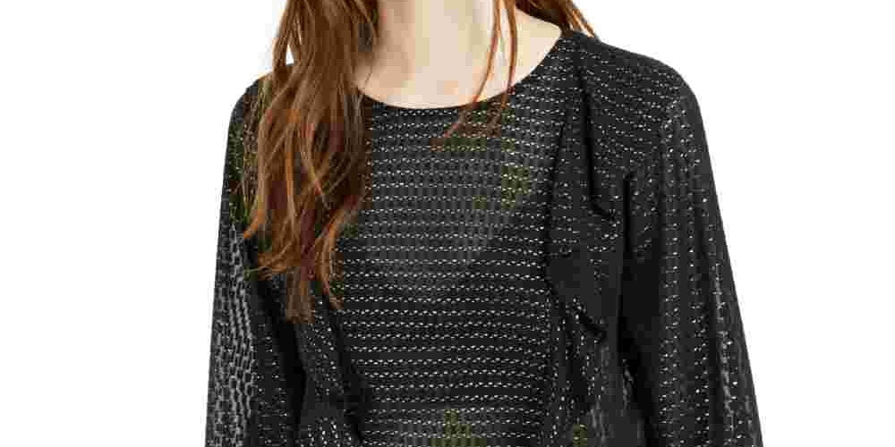 Bar III Women's Printed Long Sleeve Jewel Neck Top Black Size Large