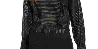 Bar III Women's Printed Long Sleeve Jewel Neck Top Black Size Large