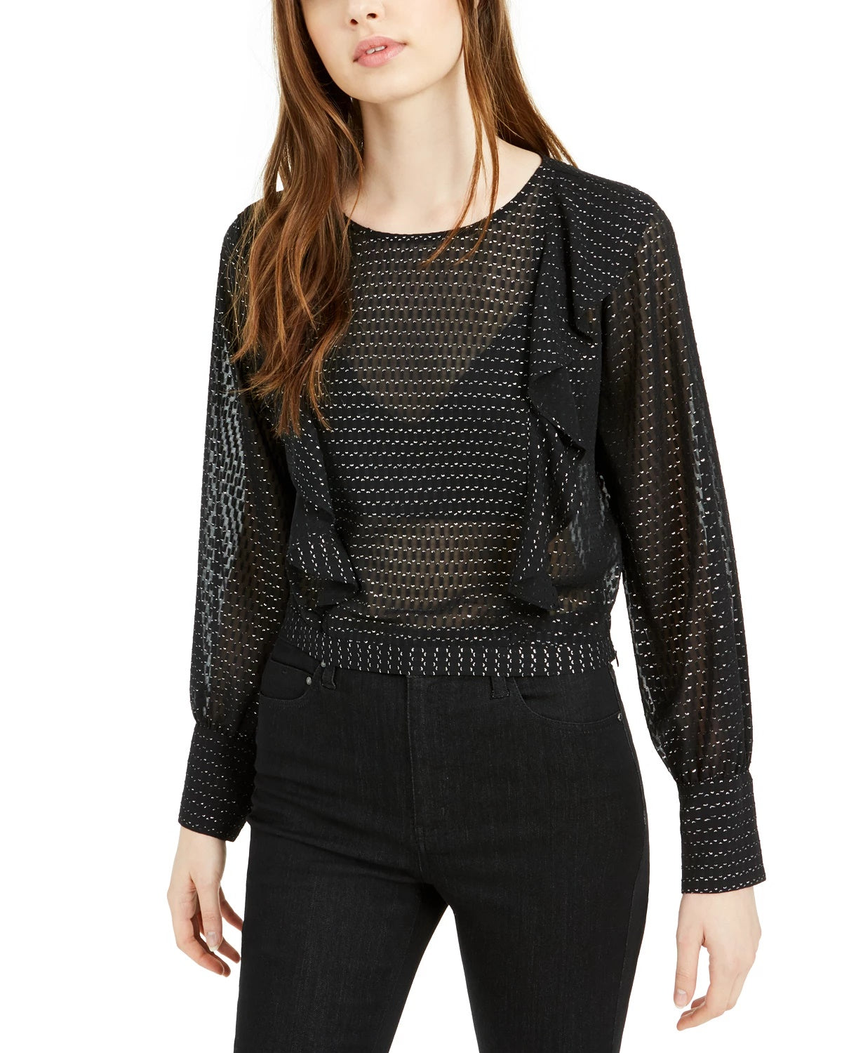 Bar III Women's Ruffled Metallic-Dot Blouson-Sleeve Top Black Size Small