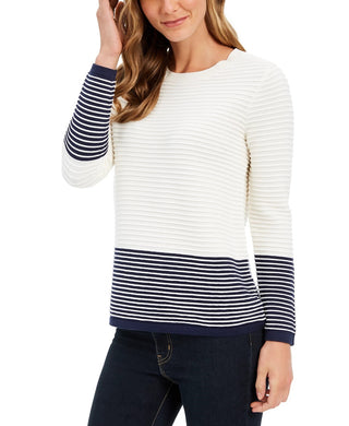 Charter Club Women's Textured Striped Long Sleeve Crew Neck Sweater White Size Large