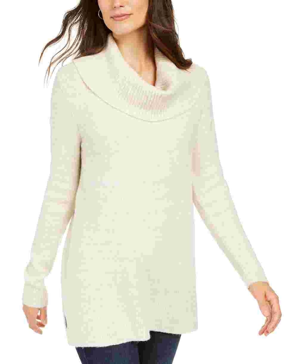 Style & Company Women's Embellished Heather Long Sleeve Cowl Neck T-Shirt Sweater Beige Size Small