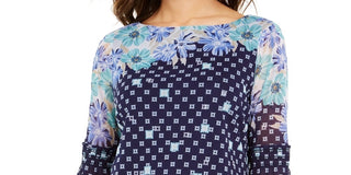 Charter Club Women's Printed Knit Mesh Top Navy Size Medium