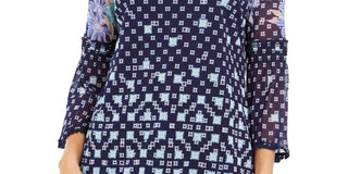 Charter Club Women's Printed Knit Mesh Top Navy Size Medium