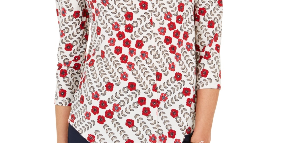 Charter Club Women's Printed V-Neck Top White Size Medium