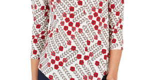 Charter Club Women's Printed V-Neck Top White Size Medium