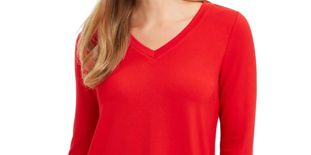 Charter Club Women's French Terry V Neck Tunic  Red Size Large