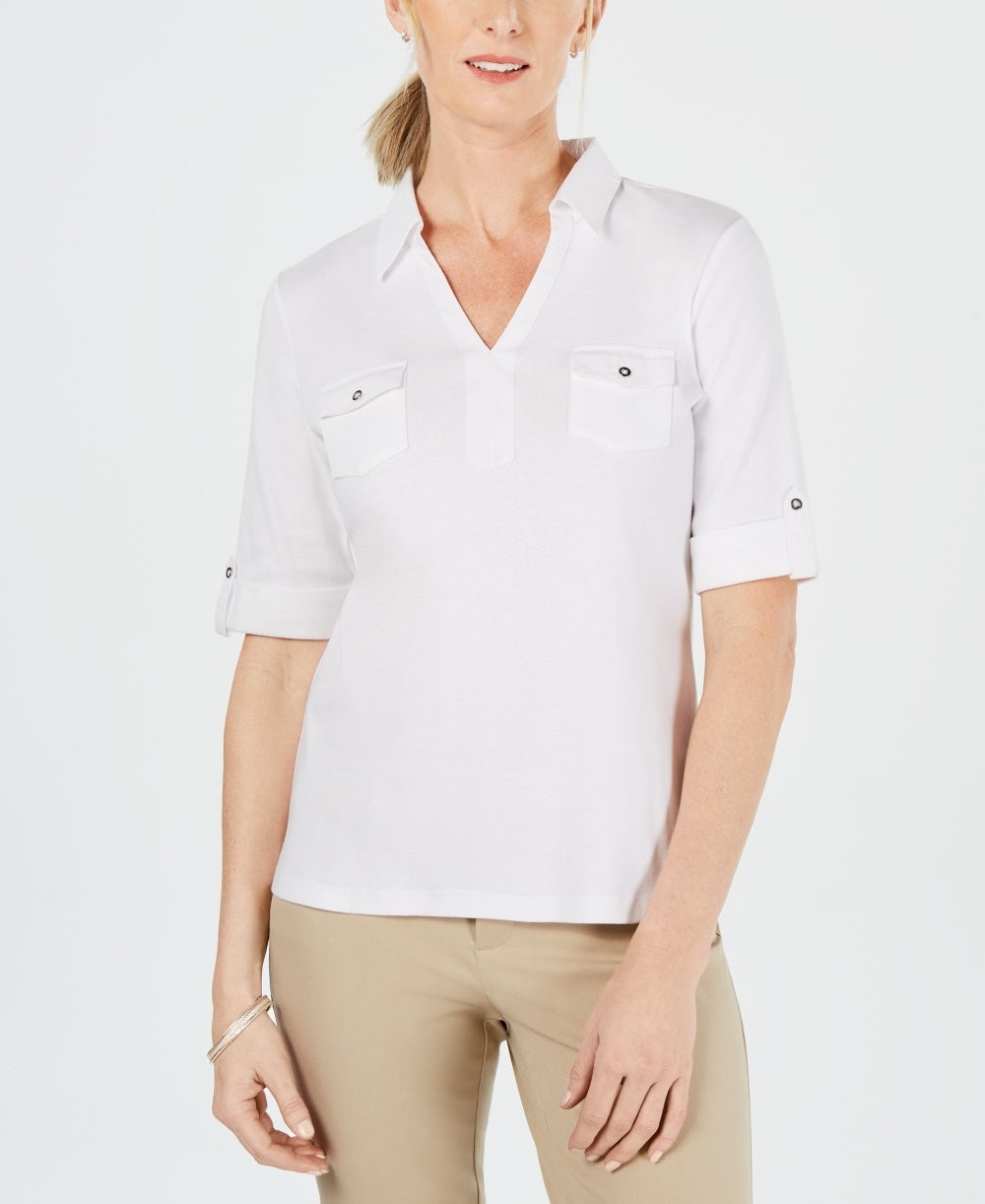 Karen Scott Women's Cotton Johnny Collar Top White Size Small