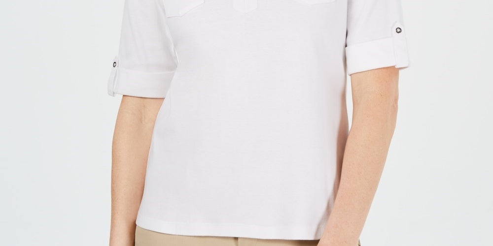 Karen Scott Women's Cotton Johnny Collar Top White Size Small