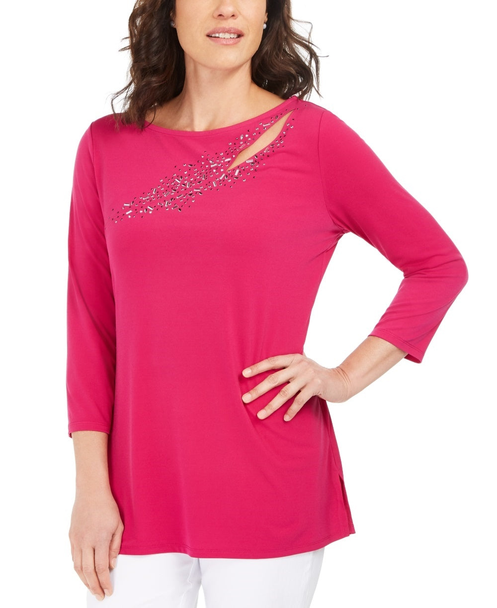 JM Collection Women's Embellished Cutout Top Pink Size Large