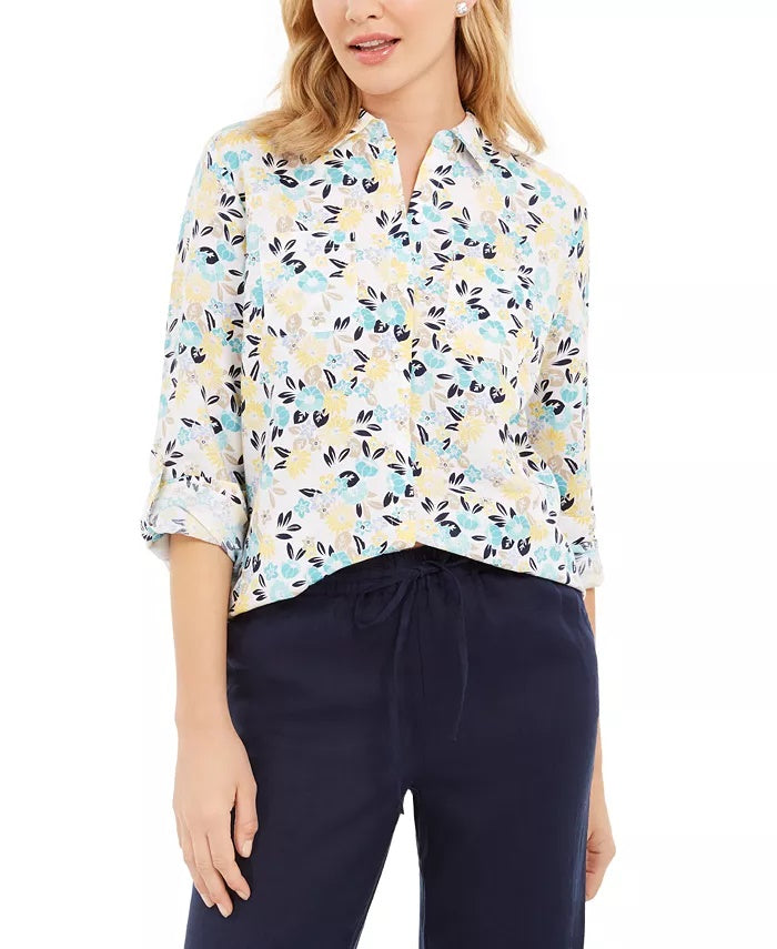 Charter Club Women's Cotton Floral Print Shirt White Size X-Small