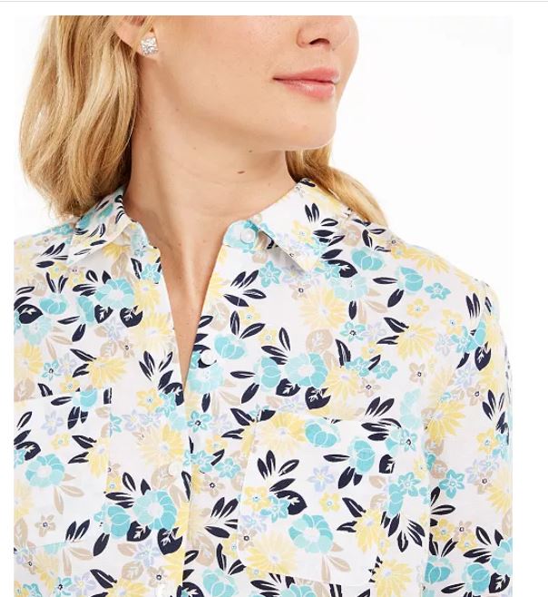 Charter Club Women's Cotton Floral Print Shirt White Size X-Small