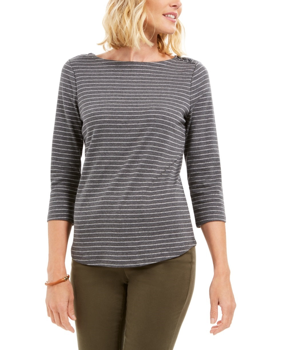 Charter Club Women's Petite Metallic Striped Top  Gray Size Petite Large