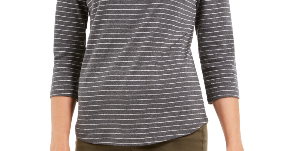 Charter Club Women's Petite Metallic Striped Top  Gray Size Petite Large