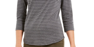 Charter Club Women's Petite Metallic Striped Top  Gray Size Petite Large