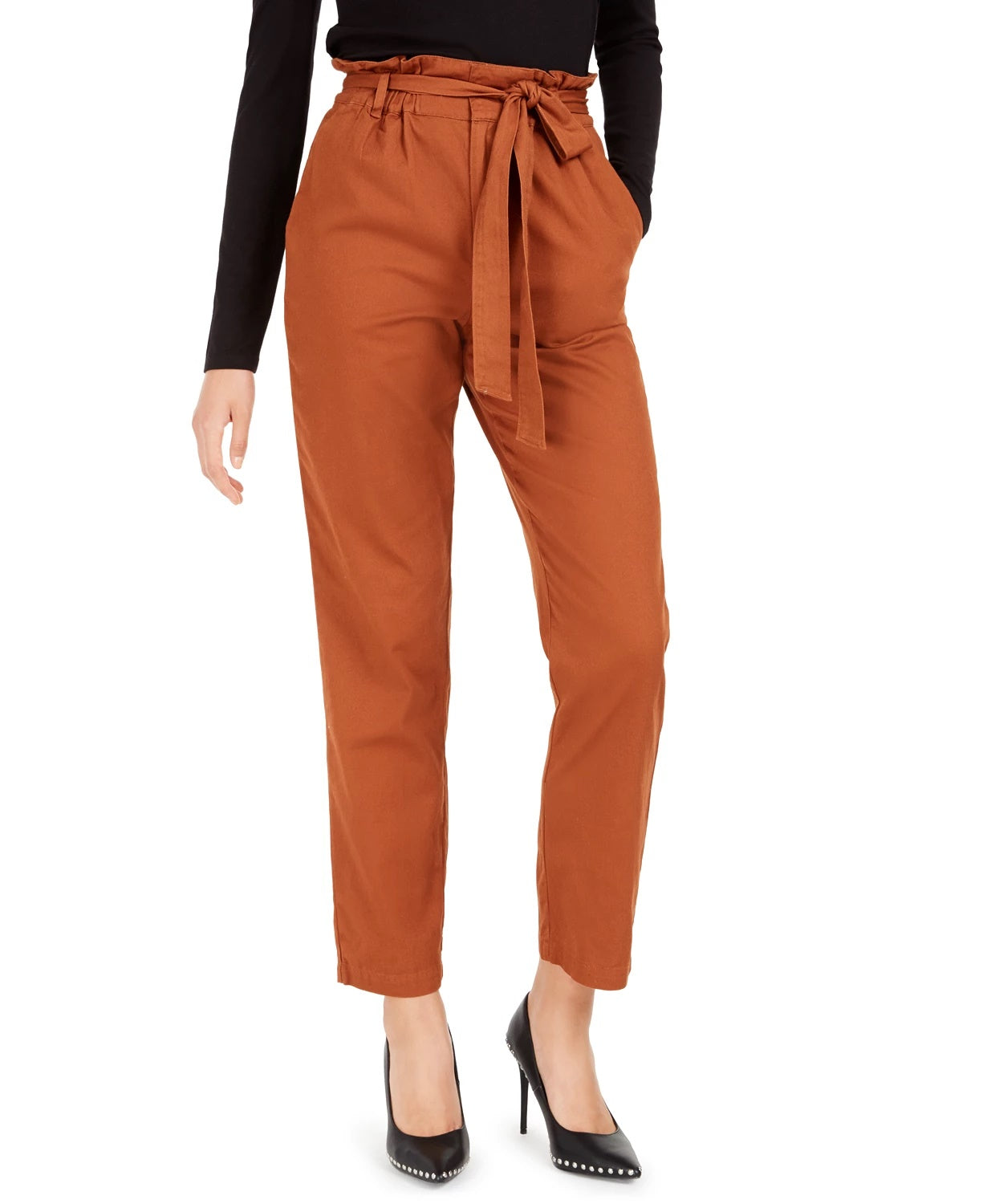 Bar III Women's Becca Tilley X Paperbag Waist Pants Orange Size Small