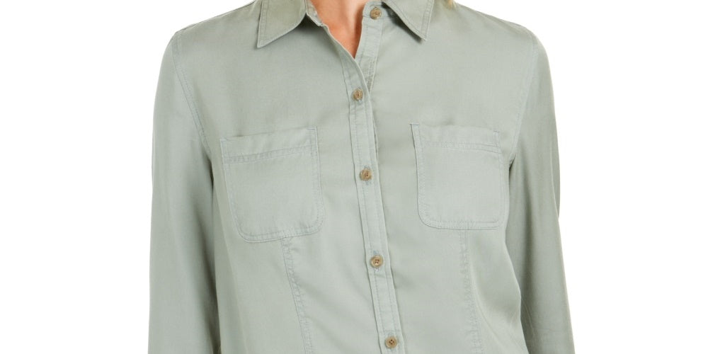 Charter Club Women's Woven Solid Tencel Shirt  Green Size XX-Large