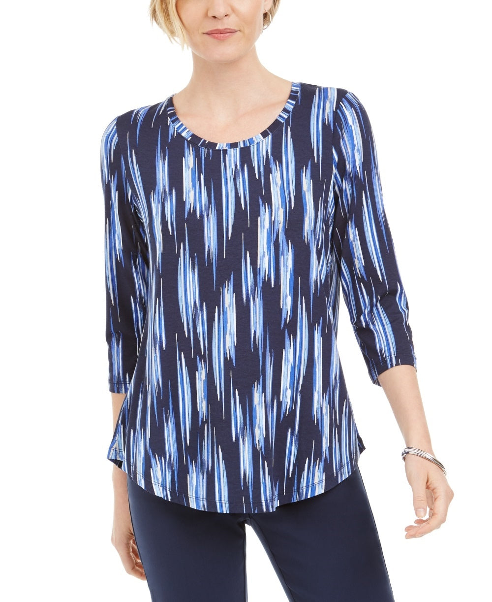 JM Collection Women's Printed 3/4 Sleeve T Shirt Blue Size Medium