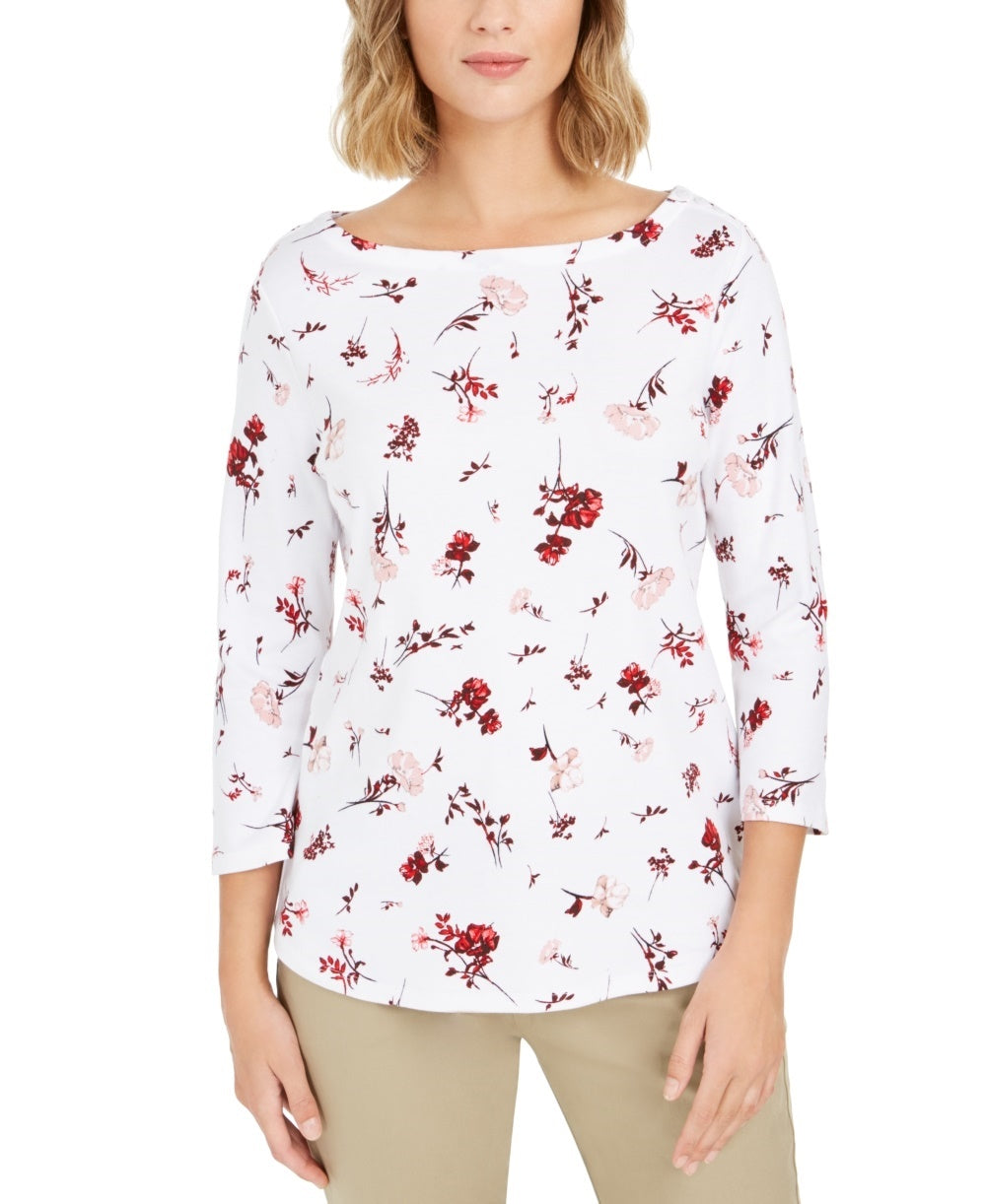 Charter Club Women's Printed Pima Cotton Top White Size Petite Small