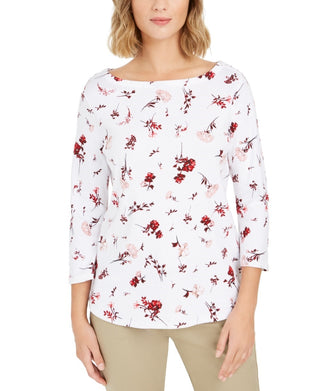 Charter Club Women's Printed Pima Cotton Top White Size Petite Small