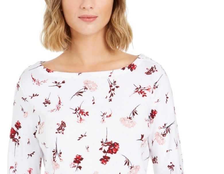 Charter Club Women's Printed Pima Cotton Top White Size Petite Small