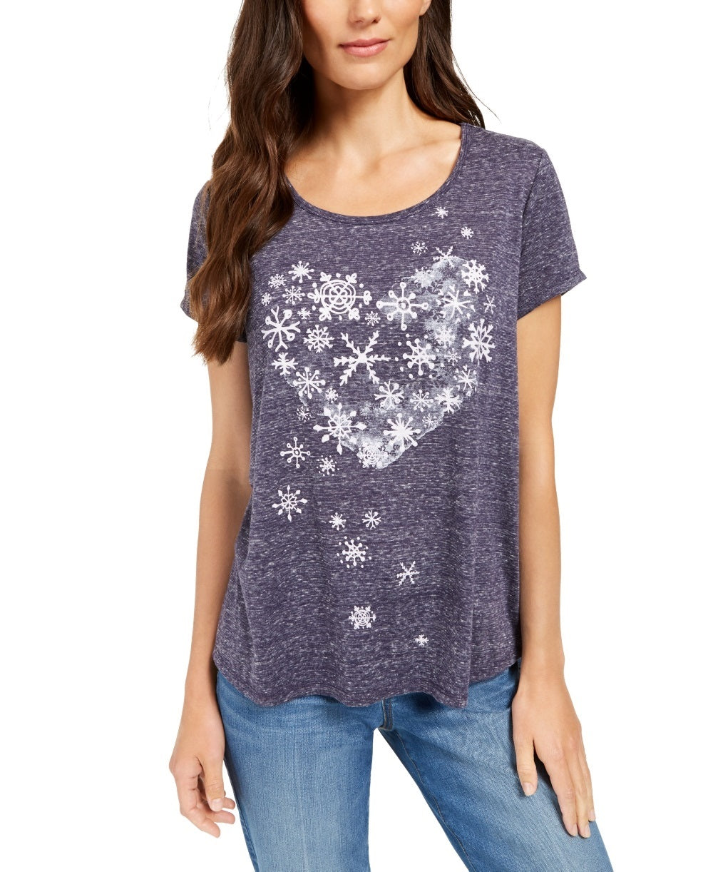 Style & Co Women's Petite Snowflake Heart Graphic-Print T-Shirt Gray Petite Medium