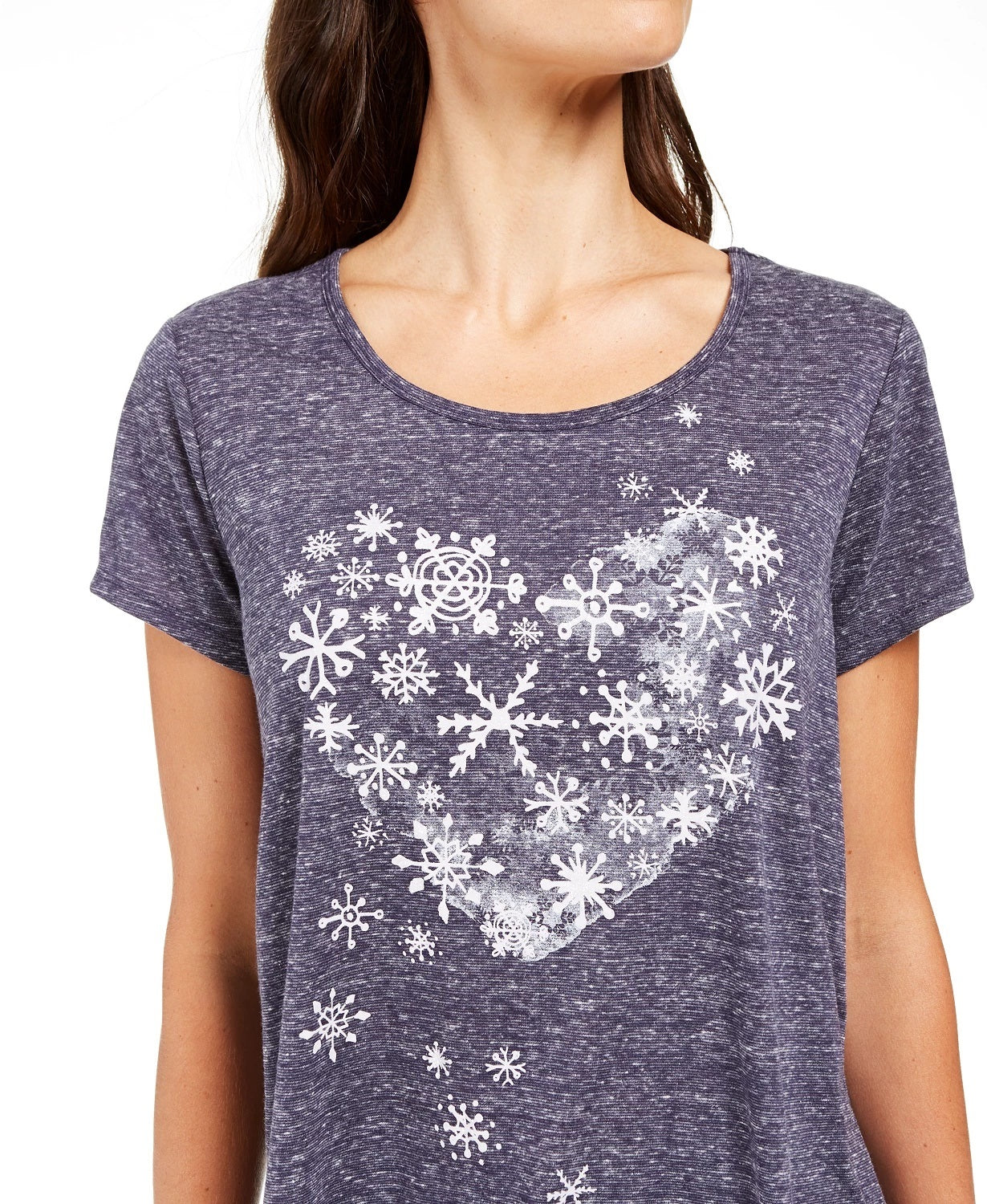 Style & Co Women's Petite Snowflake Heart Graphic-Print T-Shirt Gray Petite Medium